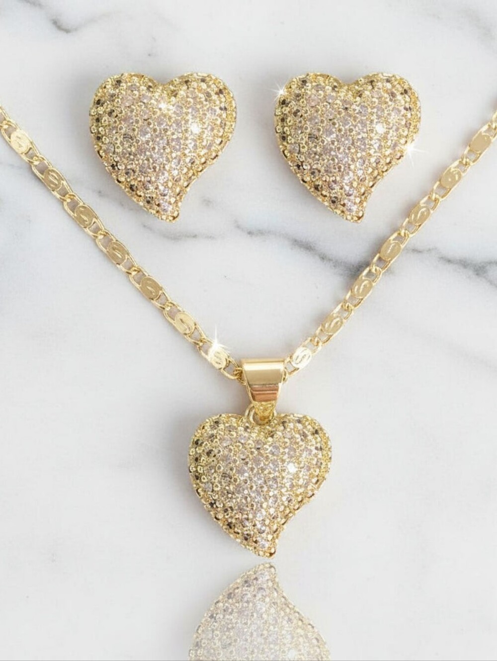 18K Gold-Filled Puffy Pavé Heart Set | Dazzling Domed CZ Necklace & Earrings